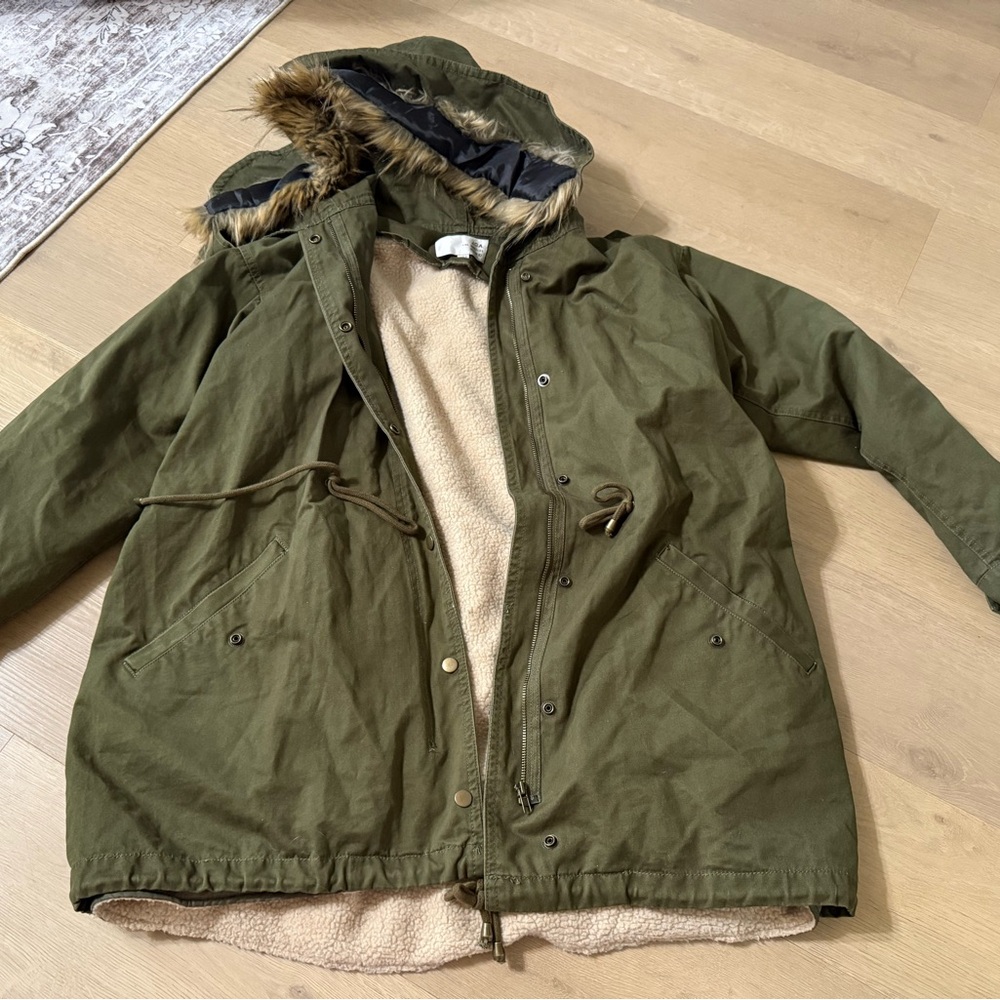 J.O.A. Los Angeles large green jacket with removable fleece lining zip up hooded